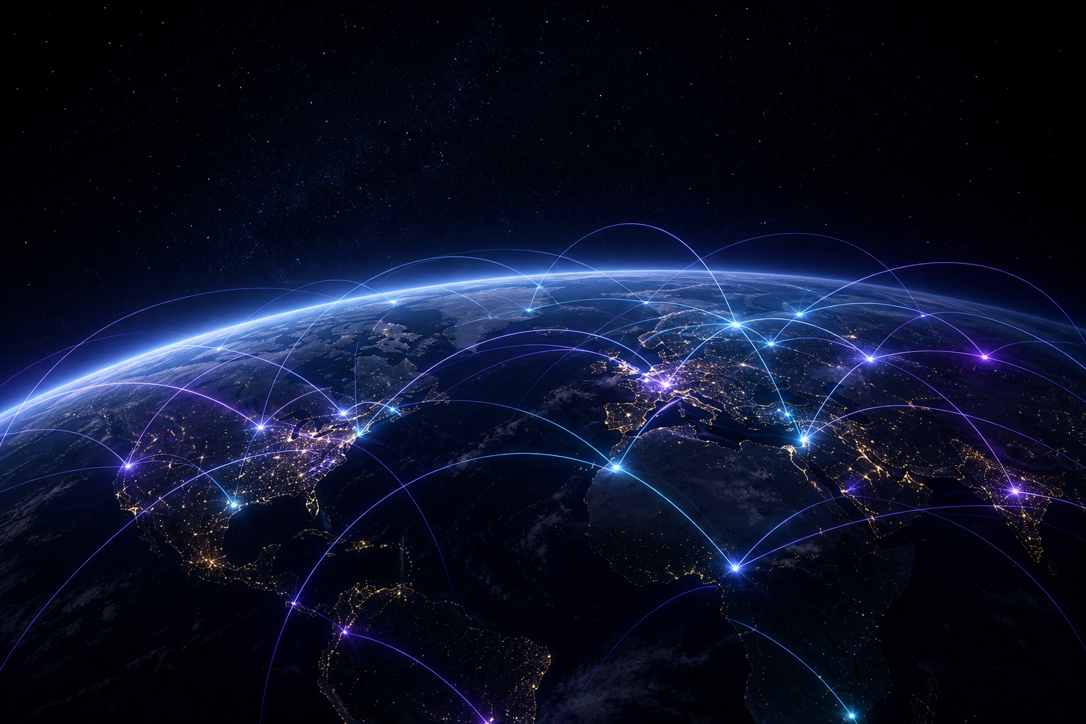 Earth at night with managed hosting network paths
